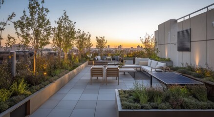 Modern rooftop terrace with a spacious seating area at sunset, surrounded by lush greenery.