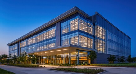 Modern office building with glass facade illuminated at dusk.