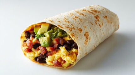 A large burrito filled with scrambled eggs, bacon, black beans, avocado and salsa verde, on a white background.