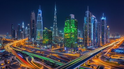 Obraz premium A dazzling futuristic cityscape at night, with glowing green and golden lights illuminating the bustling streets and highways below. 