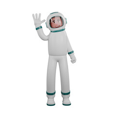 Space Astronaut Professional in 3D. A male astronaut stands with a greeting gesture with his left hand. Male