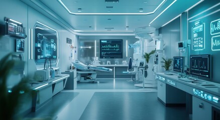 Futuristic medical lab with high-tech equipment and glowing screens.