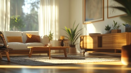 Fototapeta premium A modern living room with a white couch, wooden coffee table, and large windows.