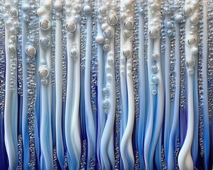 Captivating Abstract Art with Intricately Textured Blue and White Vertical Streaks and Pearlescent Elements on Canvas