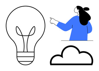 Light bulb, a person pointing, and cloud outline encapsulate creativity, innovation, ideas, and cloud computing. Ideal for tech, brainstorming, education, communication, and business themes