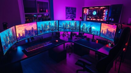 Gaming and streaming setup from above, featuring multiple curved monitors, vibrant RGB lighting, and a stylish desk setup
