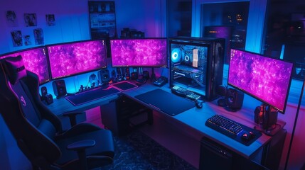 High-angle shot of a gaming and streaming station, with a powerful PC and multiple monitors lit by bright RGB colors.