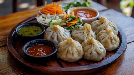 Delicious Dumplings with Fresh Vegetables and Sauces