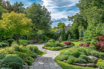 Beautiful garden with paved pathway and lush greenery