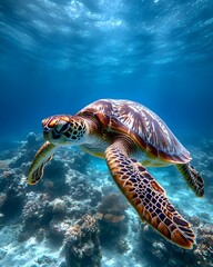 Obraz premium A sea turtle gracefully swims through crystal-clear turquoise waters, surrounded by vibrant coral reefs.