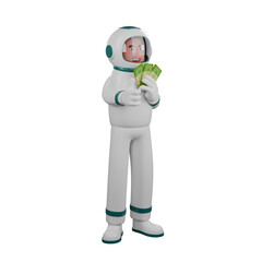 Professional Astronaut Character in 3D. A male astronaut stands holding a banknote in his left hand. Male