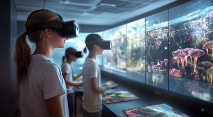 Children exploring virtual reality in futuristic classroom with immersive technology.