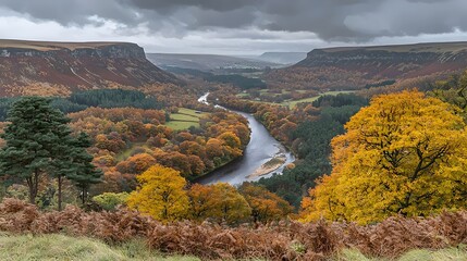 A winding river flows through a valley with autumn colors and dramatic cliffs, creating a picturesque landscape.