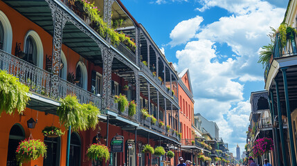A vibrant scene of the French Quarter in New Orleans, featuring historic buildings with wrought iron balconies, bright sunlight highlighting the colorful facades