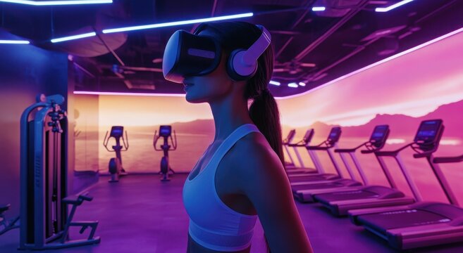 Woman using VR headset in futuristic gym with vibrant lighting. - Powered by Adobe