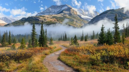 Naklejka premium Misty Mountain Path in Autumn