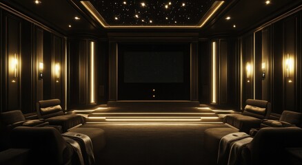 Fototapeta premium Luxurious home theater with plush seating and ambient lighting creating a cinematic atmosphere.
