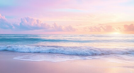 Fototapeta premium Serene beach at sunset with vibrant pink and purple skies reflecting on the ocean waves.