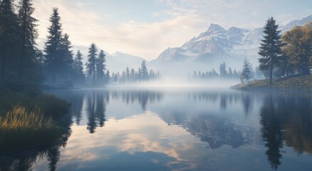 Fototapeta premium Serene mountain lake surrounded by misty forests and distant snow-capped peaks at sunrise.