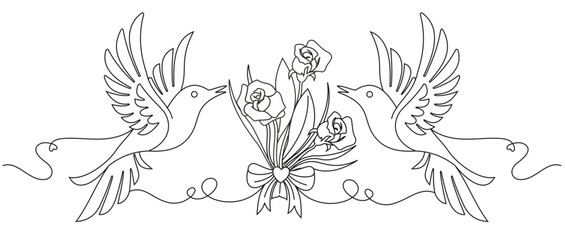 Line art illustration of two birds with a bouquet of flowers in romantic love