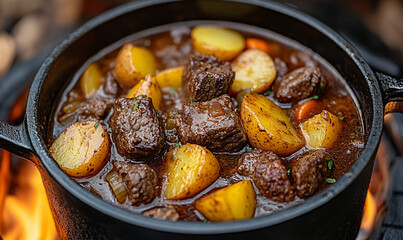 Beef stew simmering in a cast-iron pot over flames, with beef, potatoes, carrots, and a ladle ready
