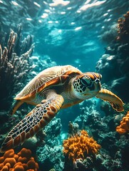 Obraz premium A sea turtle swims gracefully through a vibrant coral reef, its shell shimmering in the sunlight.