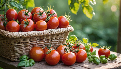 Tomatoes in basket on wooden table and some tomatoes are placed on wood around the basket natural background