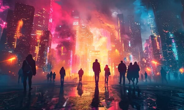 futuristic cyberpunk city at night with rain