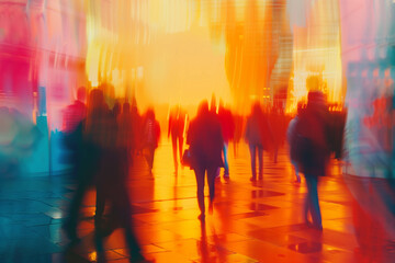  Dynamic silhouettes of people walking in blurred motion in a bright city