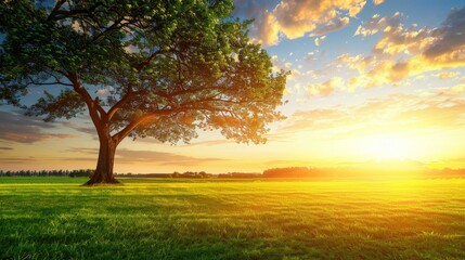 Naklejka premium Solitary Tree Under Golden Sunset Sky