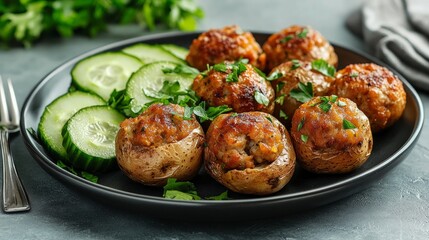 A plate of stuffed potatoes with ground meat, cucumber slices, and parsley on a grey background.