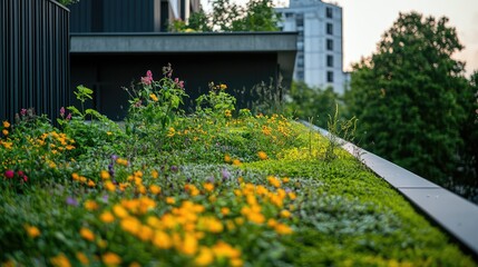 Green Roof with Vibrant Plants and Flowers in Detail