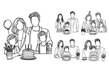 Black and white clipart depicting a joyful family celebrating a birthday