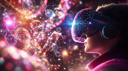 Immersed in vibrant world of science, researcher explores molecular structures through augmented reality technology, showcasing fusion of innovation and discovery