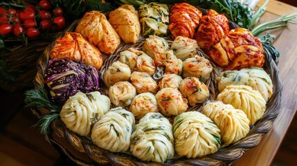 Colorful Array of Handcrafted Dumplings on a Platter