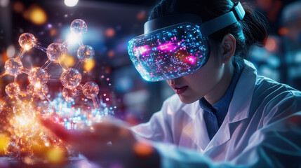 pharmaceutical researcher is immersed in augmented reality, exploring molecular structures with virtual headset. scene captures fusion of technology and science, showcasing innovation and discovery
