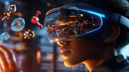 pharmaceutical researcher using augmented reality technology to visualize molecular structures and data. immersive experience enhances her research capabilities and understanding