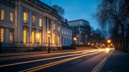 Naklejka premium A street in London with classic architecture, street lights, and passing cars at dusk.