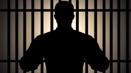 Man Behind Bars: A shadowy figure standing behind cell bars. The anonymity of incarceration. Neutral background for text overlays. 