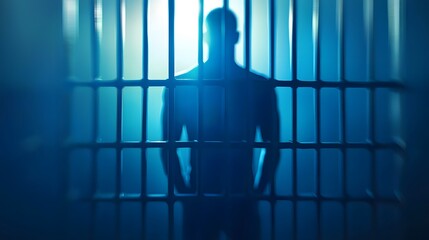 Man Behind Bars: A shadowy figure standing behind cell bars. The anonymity of incarceration. Neutral background for text overlays. 