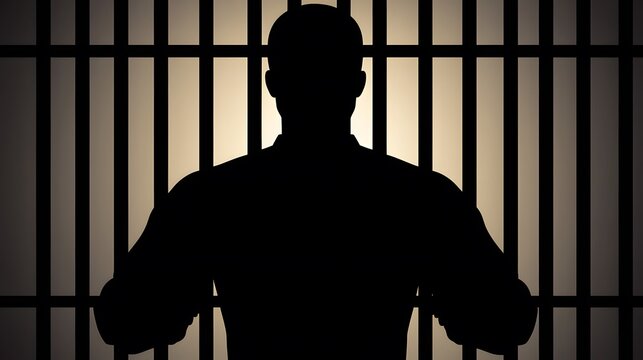 Man Behind Bars: A shadowy figure standing behind cell bars. The anonymity of incarceration. Neutral background for text overlays. 