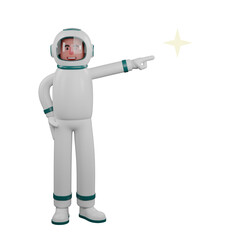 Illustrative 3D Male Astronaut. A male astronaut stands with his right hand pointing to the star beside him. Professional