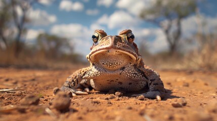 Close-up of a toad with a mottled brown and black pattern, looking directly at the camera in a sandy, outdoor environment.