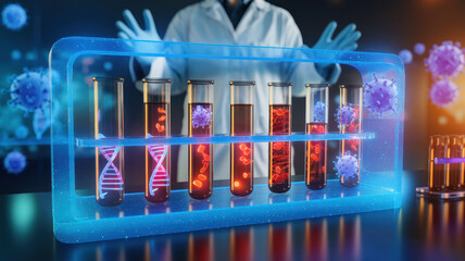 3D hologram of glowing test tubes showcases vibrant colors and scientific elements