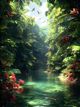 A tranquil jungle scene with a winding river running through the lush greenery, vibrant red flowers add a pop of color to the serene setting.