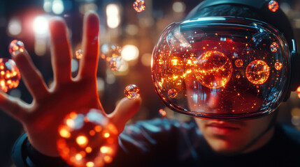 Immersed in virtual world, researcher explores augmented reality with headset, interacting with glowing orbs that represent data and innovation