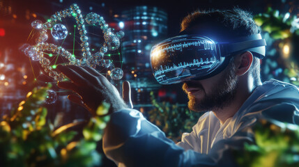 pharmaceutical researcher is using augmented reality technology to visualize molecular structures in futuristic lab setting. scene is vibrant and innovative, showcasing intersection of science and