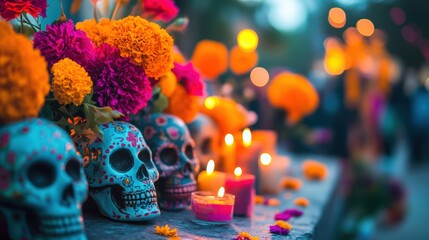 A colorful Day of the Dead celebration with traditional sugar skulls and marigold flowers decorating an altar. Candles are lit, and the vibrant colors of the decorations stand out in the evening. 