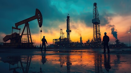 Obraz premium Workers at a Lively Oil Drilling Site at Sunset