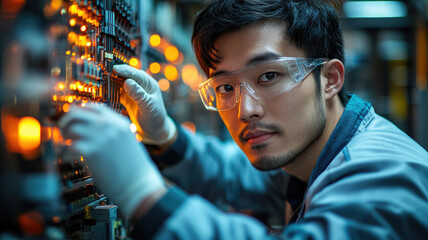 Asian man electronics engineer in safety gear working on a circuit board with glowing lights
